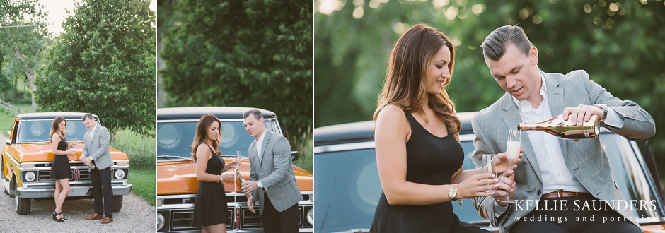 classic truck engagemen pictures with champagne